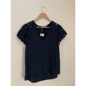 Ramy Brook Eyelet VNeck Blouse Sz XS Navy Short Flutter Sleeve $345 Going Out